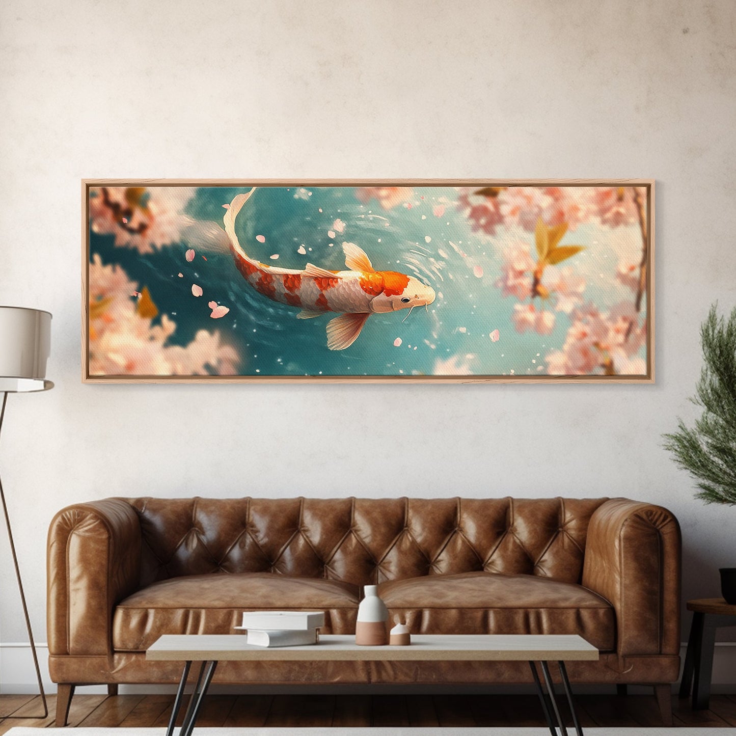 Reflections of a Koi Fish Panoramic Print, Canvas Print, Ready To Hang Wall Art, Koi Fish Painting, Soothing Decor, Zen Studio Art