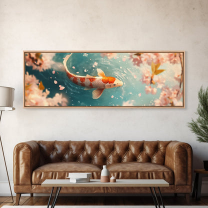 Reflections of a Koi Fish Panoramic Print, Canvas Print, Ready To Hang Wall Art, Koi Fish Painting, Soothing Decor, Zen Studio Art