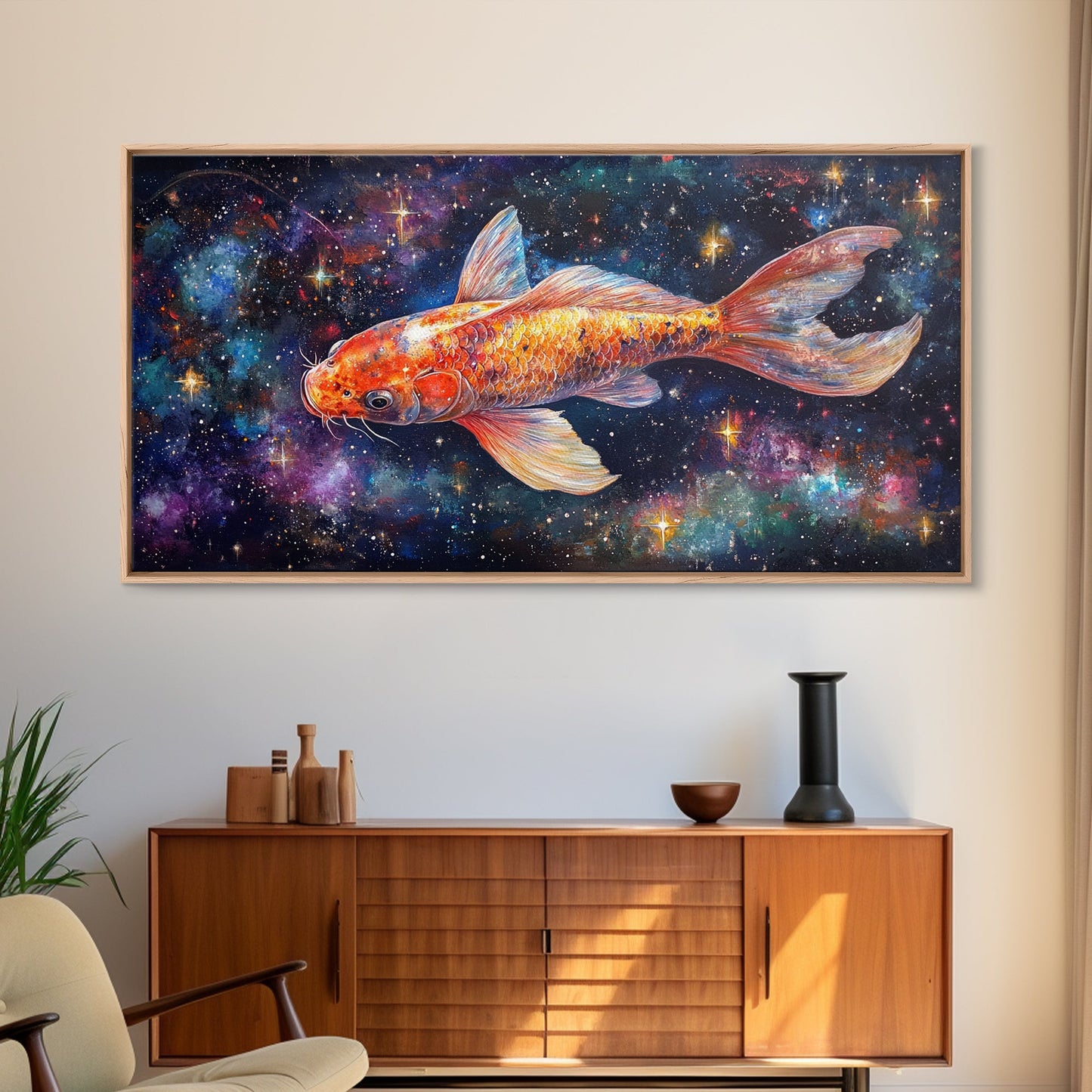 Galactic Koi Fish Framed Canvas Print, Retro Colorful Wall Art, Koi Fish Painting, Koi Wall Art, Space Art, Space Fish Painting