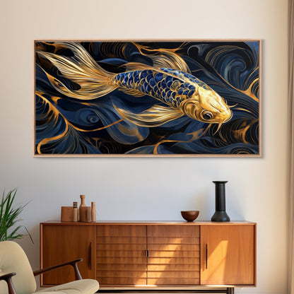 Black and Gold Koi Fish Framed Canvas Print, Wabi Sabi Style Home Decor, Koi Fish Painting Koi Fish Art, Modern Living Room Decor