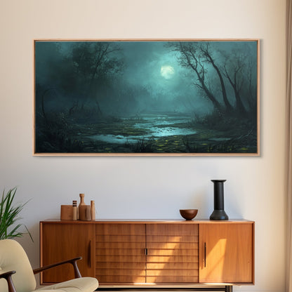 Dark and Moody Wall Art Framed Canvas Print, Oil Painting of a Swamp, Moody Landscape Wall Art