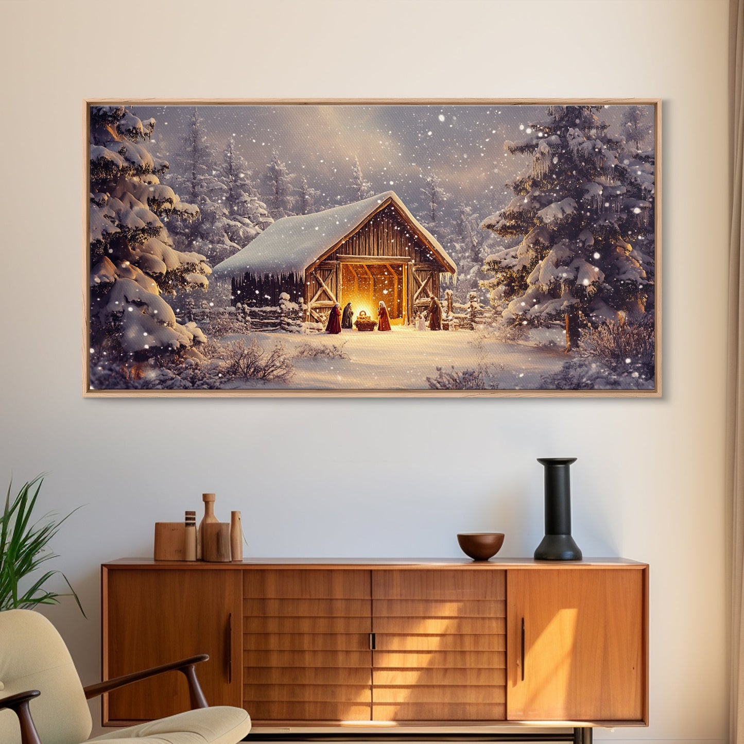 Nativity Scene Framed Canvas Print, Jesus in His Manger, Christmas Wall Art, Christmas Centerpiece Art, Nativity Oil Painting