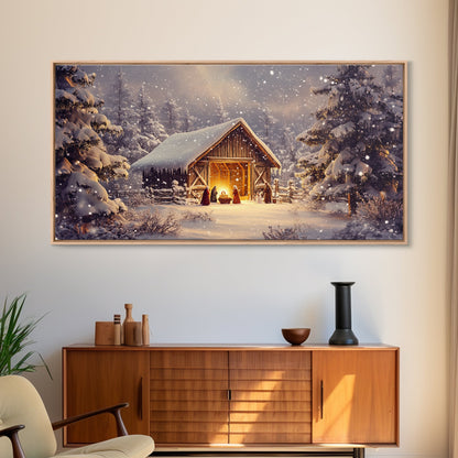 Nativity Scene Framed Canvas Print, Jesus in His Manger, Christmas Wall Art, Christmas Centerpiece Art, Nativity Oil Painting