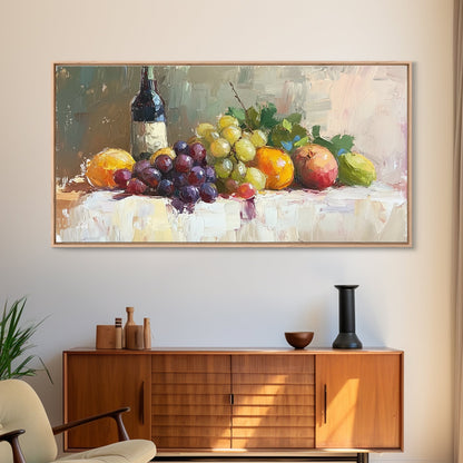 Still Life of Grapes, Fruit and Wine, Framed Canvas Print, Eclectic Kitchen Home Decor, Kitchen Wall Art, Dining Room Wall Art, Art For Kitchen