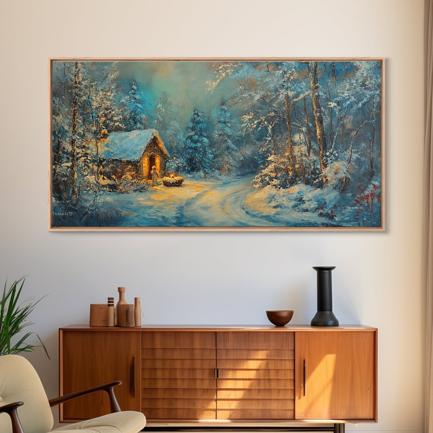 Above Mantle Christmas Wall Art, Framed Canvas Print, Cabin Art, Wall Art For Cabin, Winter Landscape Painting, Winter Themed Home Decor