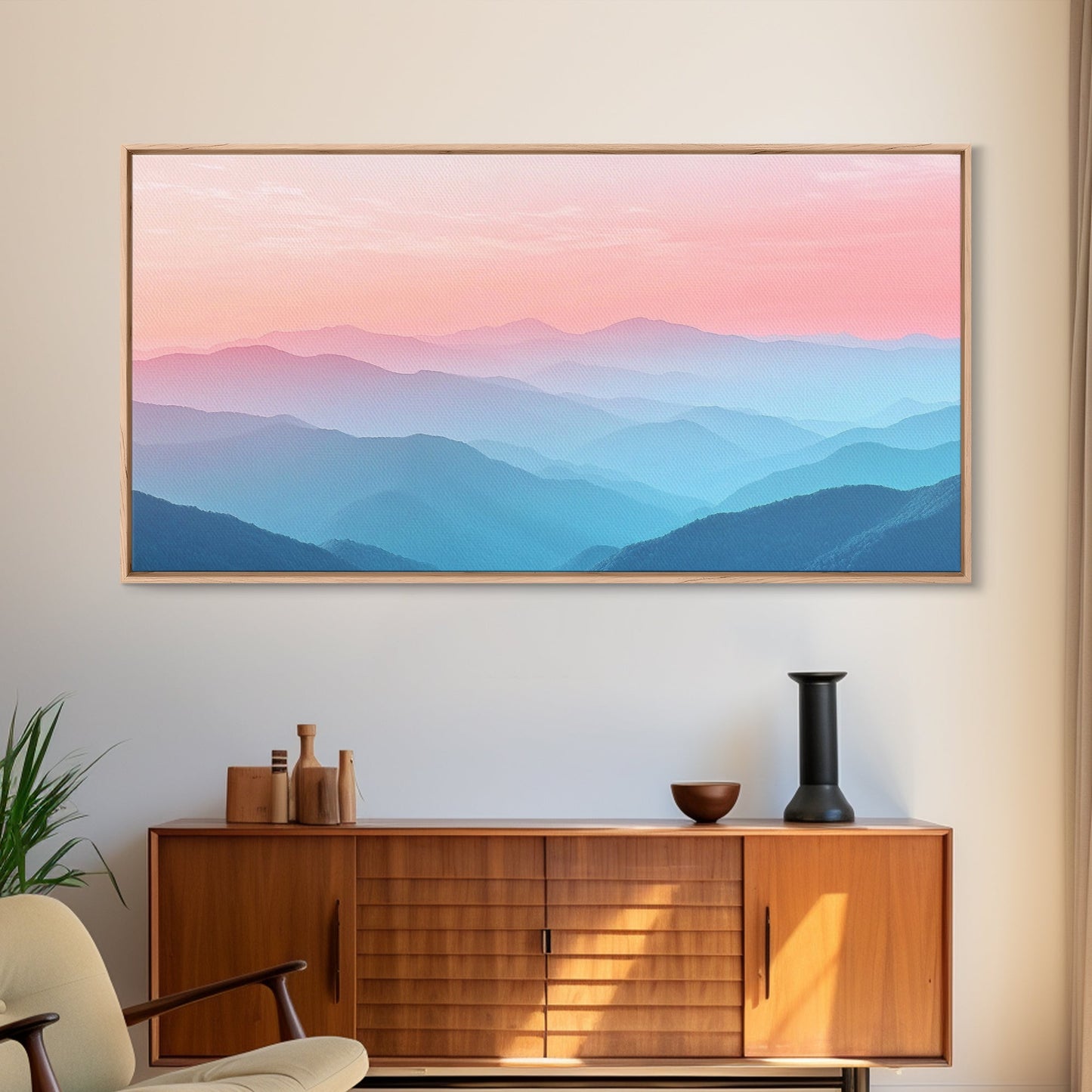 Vaporwave Landscape Painting Print of The Blue Ridge Mountains, Framed Canvas Print, Foggy Mountain Landscape Painting, Ready To Hang Art