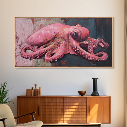 Pink Octopus Framed Canvas Print - Wabi Sabi Style Minimalist Wall Art - Octopus Painting