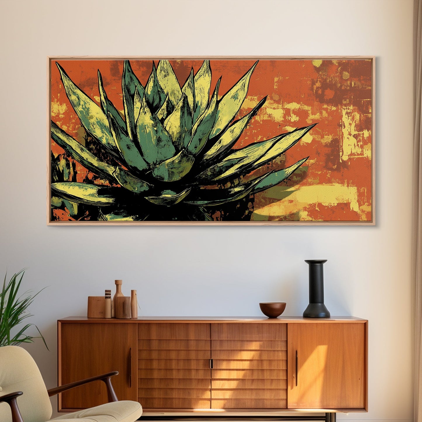 Blue Agave Pueblo Art Framed Canvas Print - Art of Arizona - Mexicano Home Decor - Chicano Art - Agave Painting - Bar Decor - Living Room Art