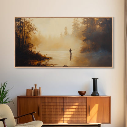 Retro Oil Painting Print of a Fly Fisher - Framed Canvas Print - Fishing Wall Art, Fisherman Painting, Fishing Gift, Gift for Fisher