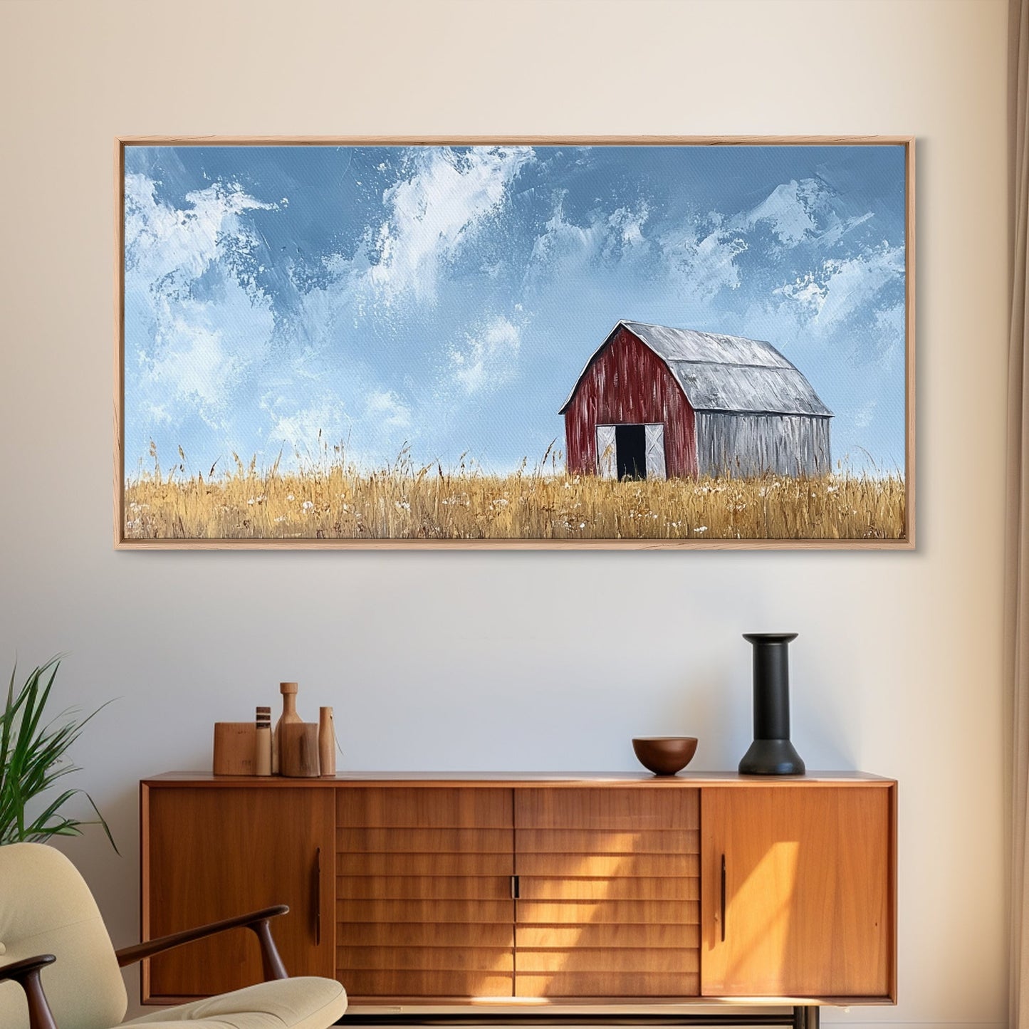 Old Building Farm In A Wheat Field, Framed Canvas Painting Print, Panoramic Rural Landscape Wall Art Rustic Barn Country Side Ready To Hang