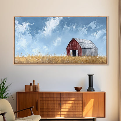 Old Building Farm In A Wheat Field, Framed Canvas Painting Print, Panoramic Rural Landscape Wall Art Rustic Barn Country Side Ready To Hang