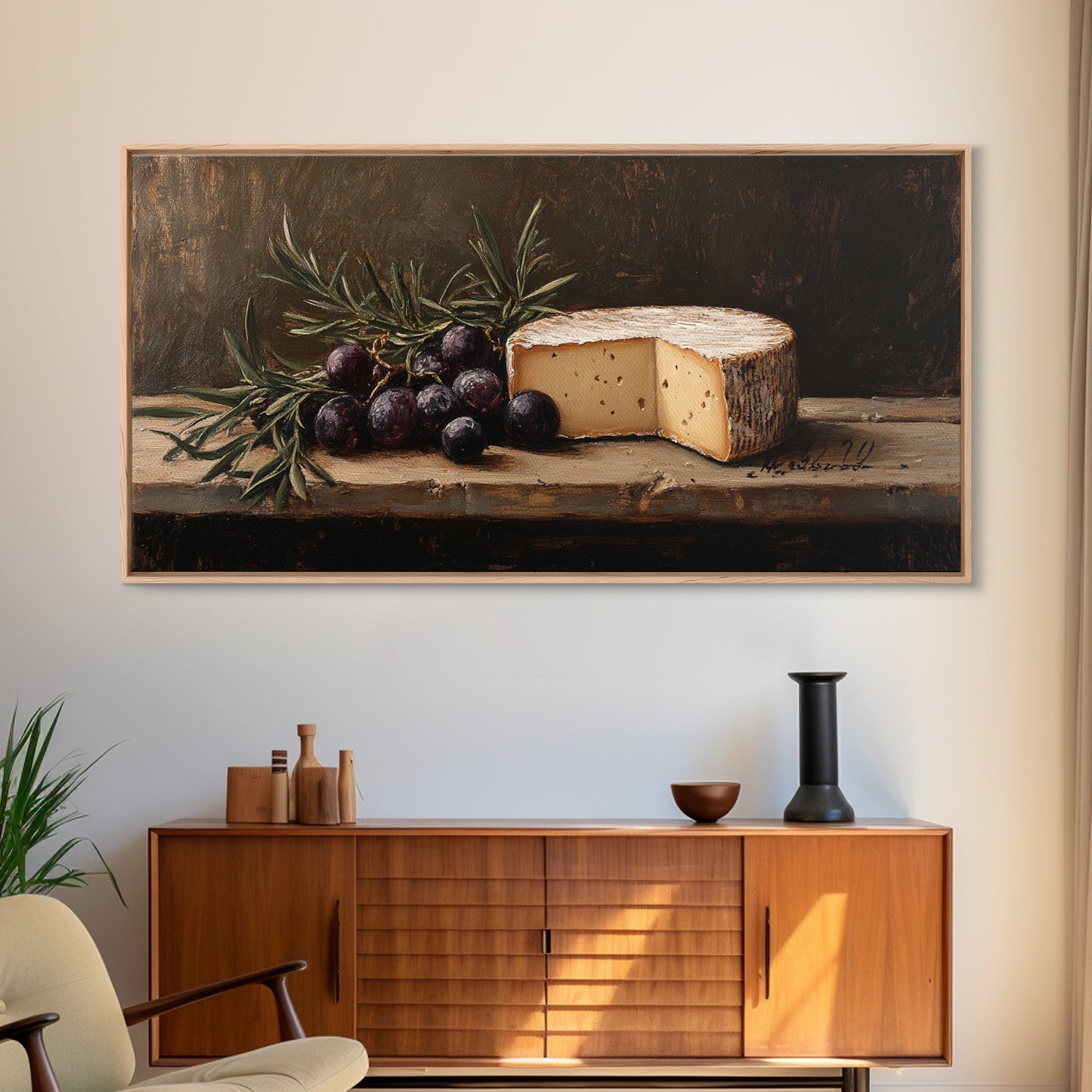 Still Life of FIgs and Cheese - Framed Canvas Print Ready To Hang Wall Art - Oil Painting Of Cheese, Cheese Painting, Kitchen Art