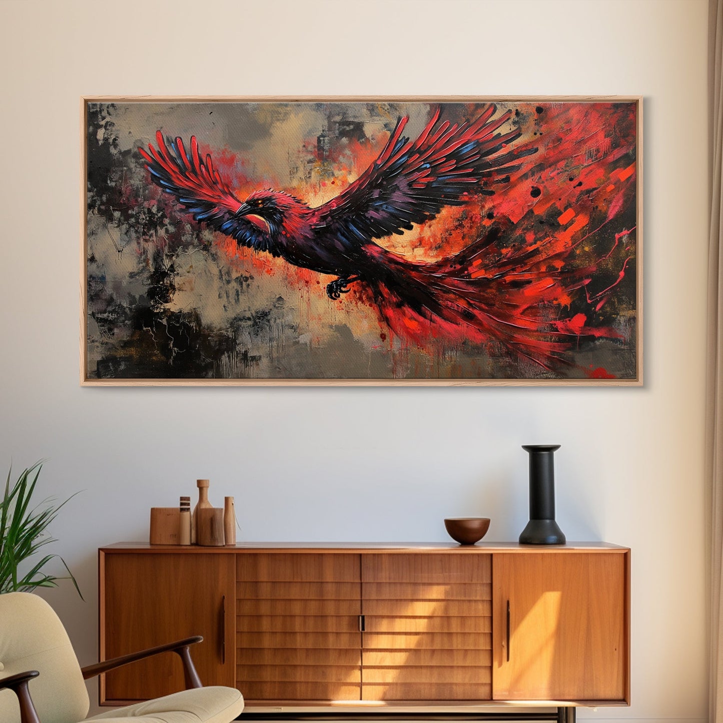 Grunge Phoenix Painting, Framed Canvas Print, Vibrant Phoenix Wall Art Print, Mythical Poster Art, Printed Wall Art