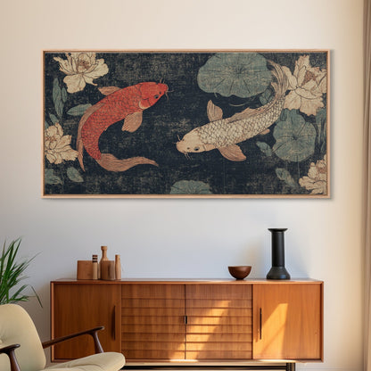 Wabi Sabi Koi Fish Painting Print, Japanese Style Artwork, Elegant Wall Art, Living Room or Bedroom Wall Art, Ready To Hang Canvas