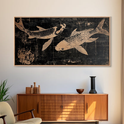 Black and White Koi Fish Oil Painting Print, Elegant Japanese Style Wood Block Print Artwork, Canvas Print Ready To Hang, Centerpiece Art