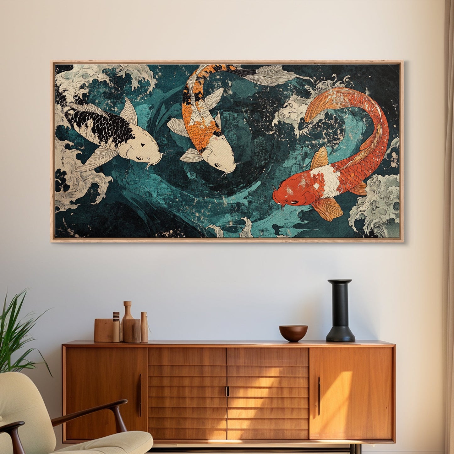 Large Oil Painting of Koi Fish Canvas Print, Vibrant Koi Fish Wabi Sabi Japanese Style Artwork, Minimalist Home Decor Living Room Wall Art
