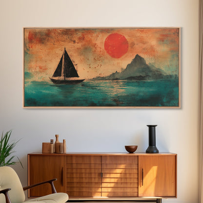 Wabi Sabi Wall Art, Japanese Sailboat Painting Print, Framed Canvas, Ocean Art, Beach House Decor, Bedroom Wall Art, Nautical Wall Art