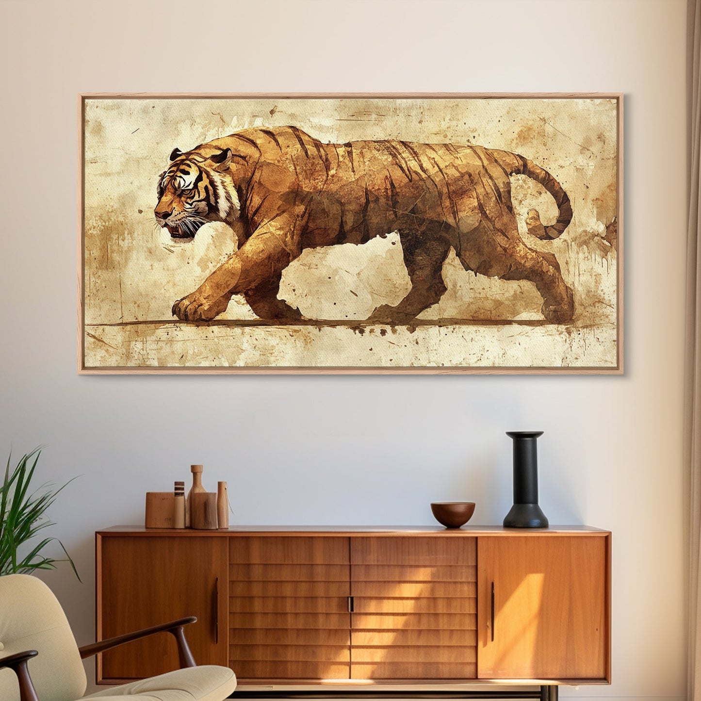 Tiger On The Hunt, Framed Canvas Print, Wabi Sabi Tiger Painting, Elegant Japanese Style Artwork