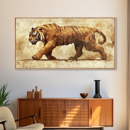Tiger On The Hunt, Framed Canvas Print, Wabi Sabi Tiger Painting, Elegant Japanese Style Artwork