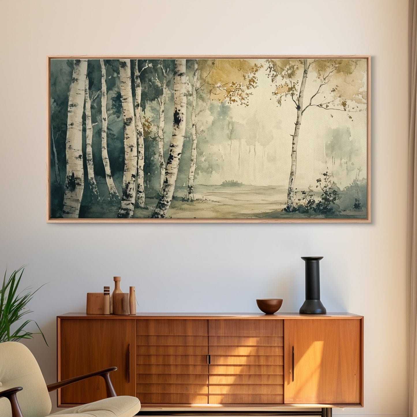 Mountain Forest Landscape Canvas Wall Art, Abstract Birch Tree Forest Watercolor Painting Print, Aspen Trees Colorado Wall Art