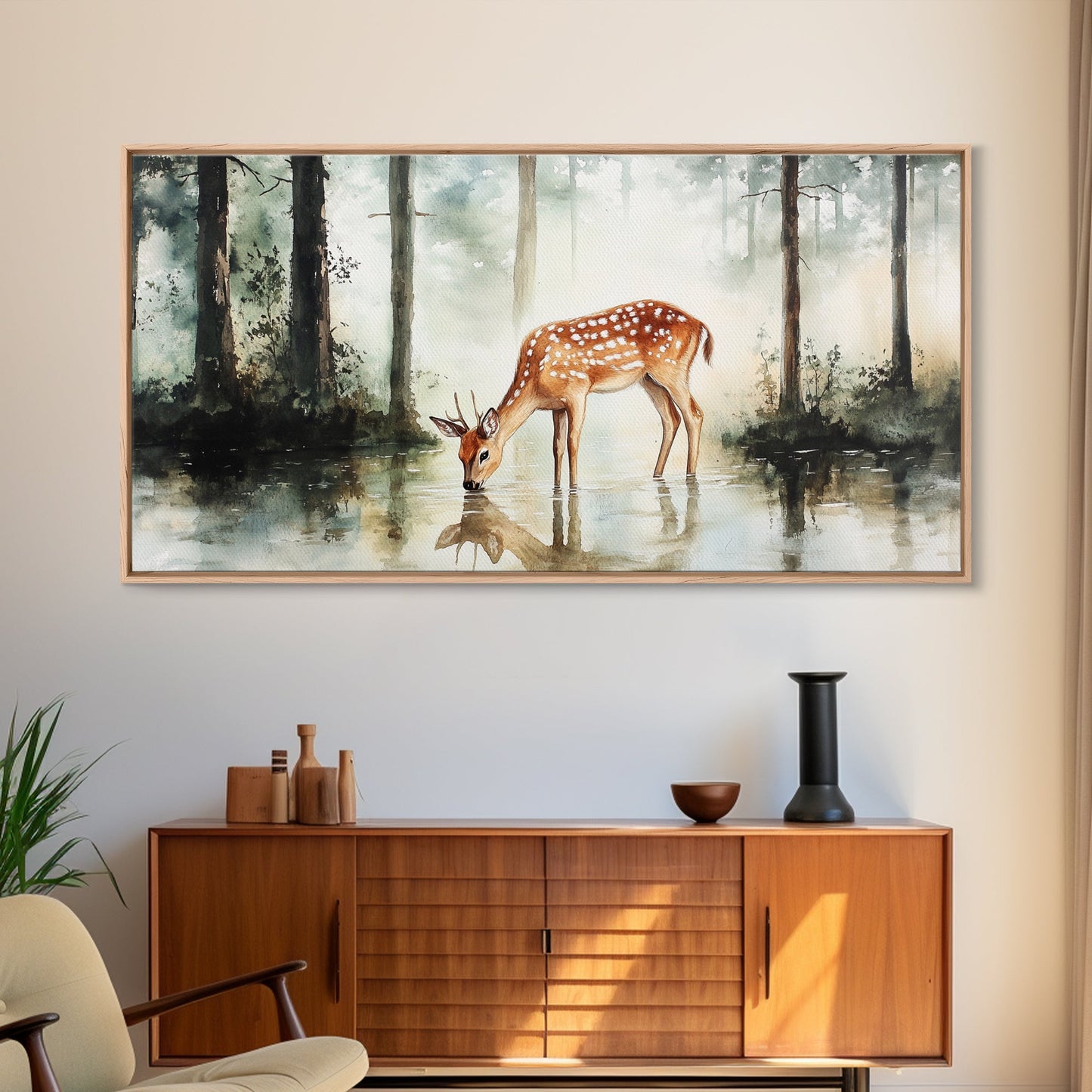 Rustic Farmhouse or Cabin Wall Art Painting of a Deer Drinking Water In The Forest, Minimalist Farmhouse Decor, Framed Canvas Print