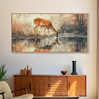Reflection of a Deer Drinking Water - Framed Canvas Print - Cute Farmhouse Wall Art - Farmhouse Decor