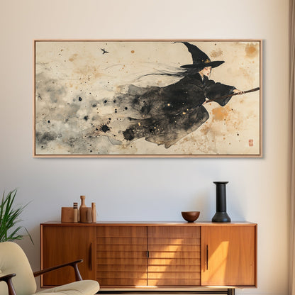 Wabi Sabi Witch Rides Her Broom - Framed Canvas Print - Witch Painting - Witchy Wall Art - Witch Decor