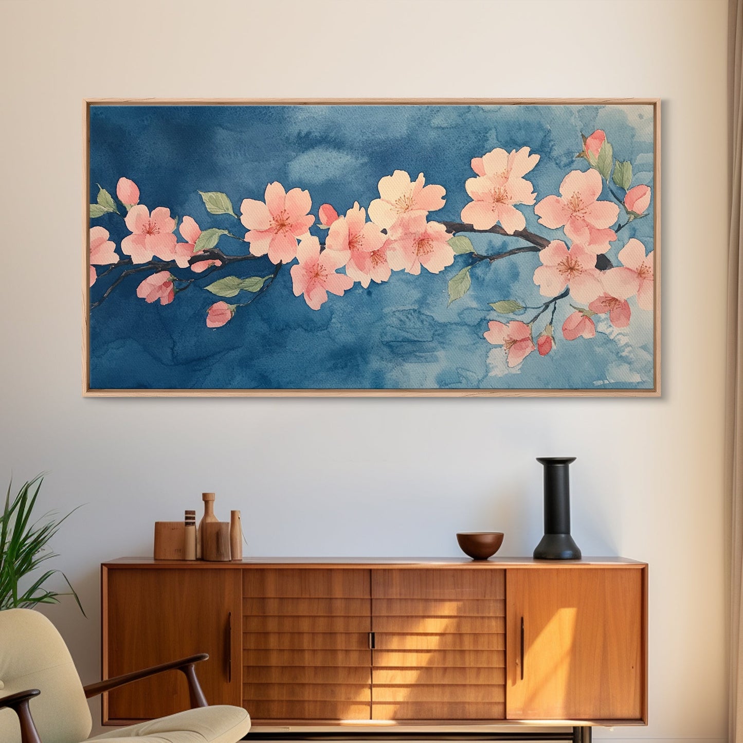 Kirschblüten-Wandbild auf Leinwand – Rosa Kirschblüten-Ölgemälde auf Leinwand – Wabi-Sabi-Wandkunst – Lila Baum-Naturdekor