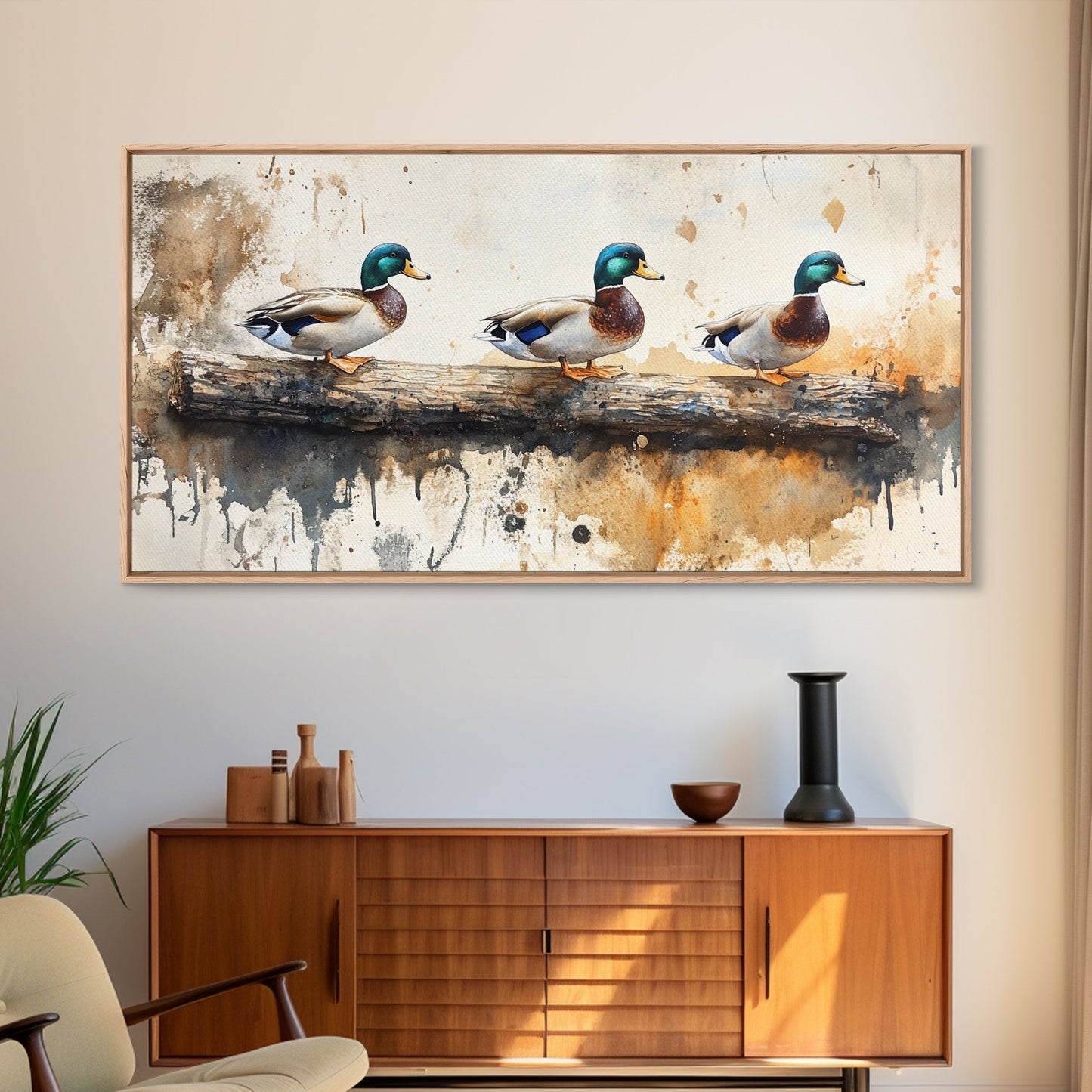 Rustic Duck Painting Canvas Print, 3 Ducks On A Log, Framed Canvas Nature Painting, Landscape Painting, Nature Art, Meadow Painting Cabin Art