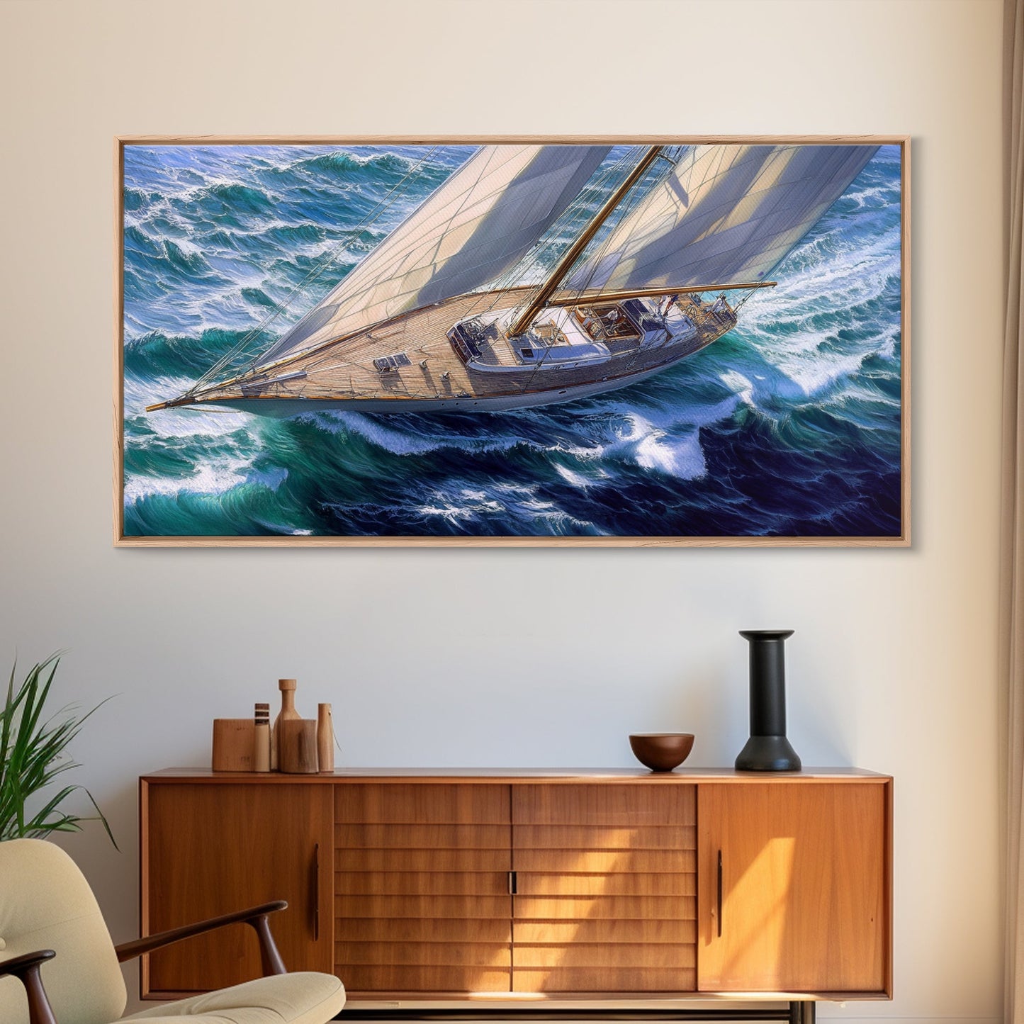 Bird's Eye View of a Retro Sailboat Painting Print, Sailboat Wall Art, Nautical Decor, Sailing Gift Idea, Sailing Wall Art