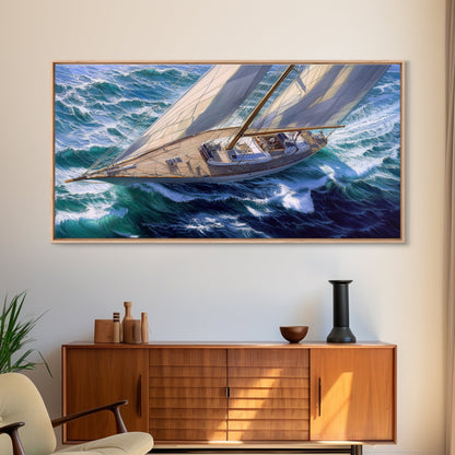 Bird's Eye View of a Retro Sailboat Painting Print, Sailboat Wall Art, Nautical Decor, Sailing Gift Idea, Sailing Wall Art