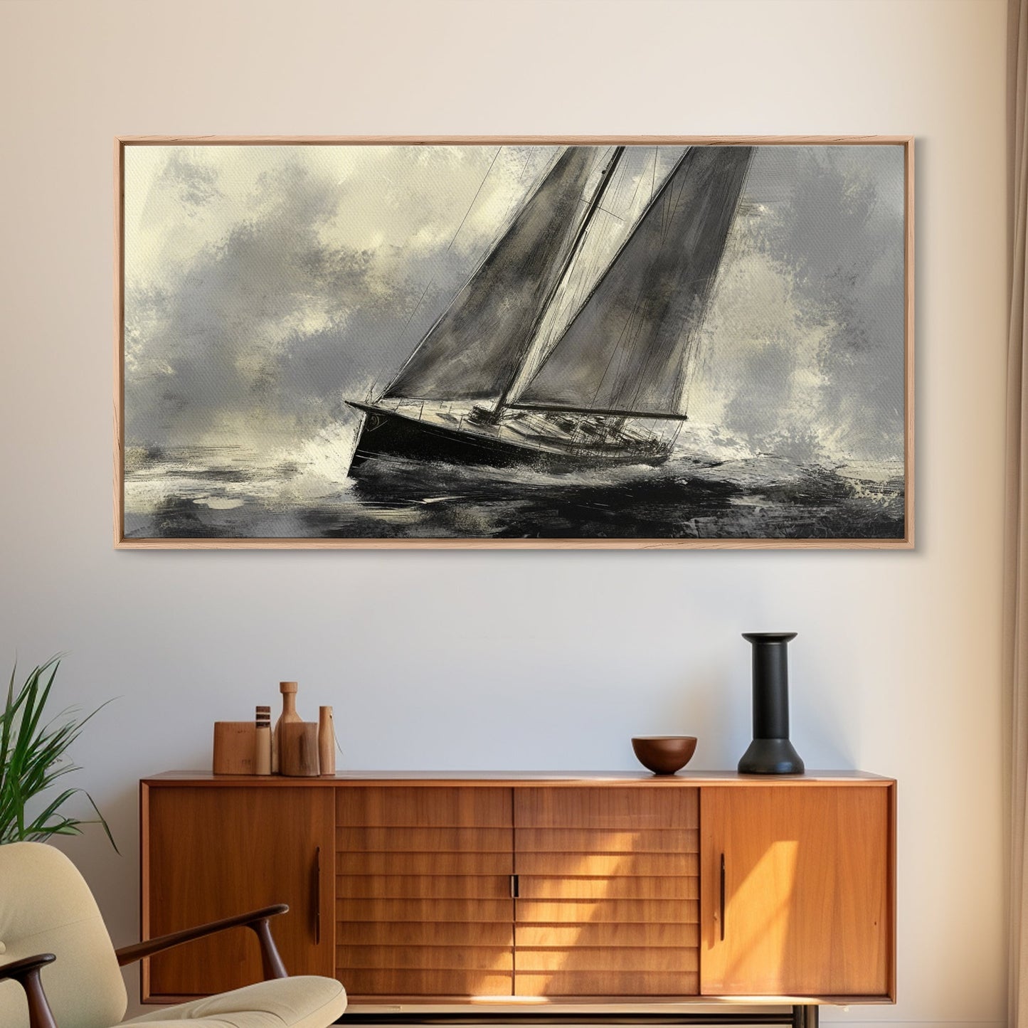 Black and White Charcoal Sketch Print of a Sailboat In a Storm, Framed Canvas Print, Nautical Wall Art, Nautical Home Decor