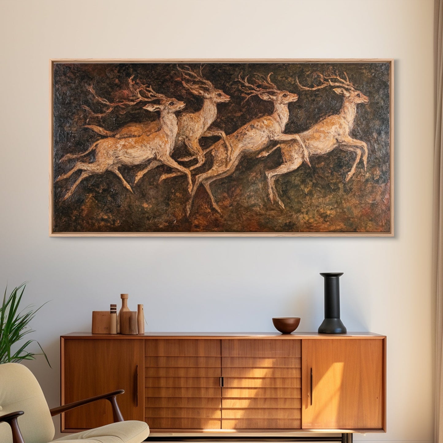 Deer In The Forest 19th Century Folk Art Style Canvas Print, Folk Art Oil Painting Print, Liminal Art, Abstract Painting Home Decor