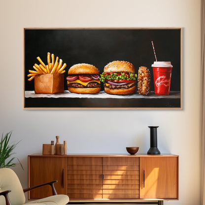 Burger and Fries Framed Canvas Print, Kitchen Canvas Art, Kitchen Wall Art, Burger Painting, Burger Art, Dining Room Wall Art