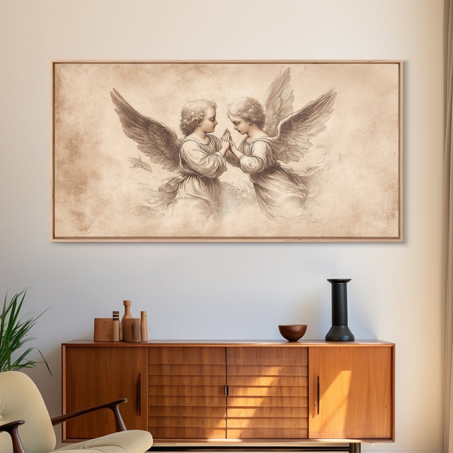Guardian Angel Wall Art, Angel Painting Canvas Print, Angel Sketch, Angelic Home Decor, Christian Art, Christianity Home Decor