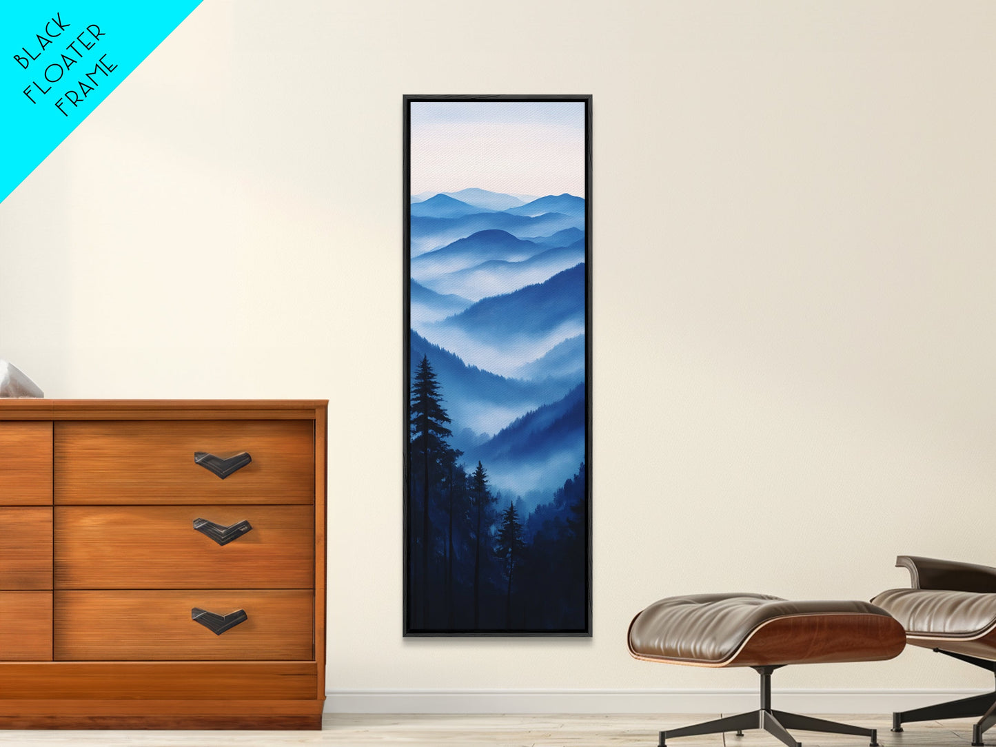 Blue Misty Mountains Framed Canvas Print Calming Nature Landscape Art, Smoky Mountain Art, Blue and Green Wall Art, Minimalist Decor, Bedroom Art