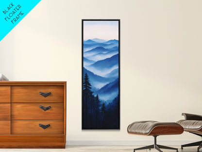 Blue Misty Mountains Framed Canvas Print Calming Nature Landscape Art, Smoky Mountain Art, Blue and Green Wall Art, Minimalist Decor, Bedroom Art