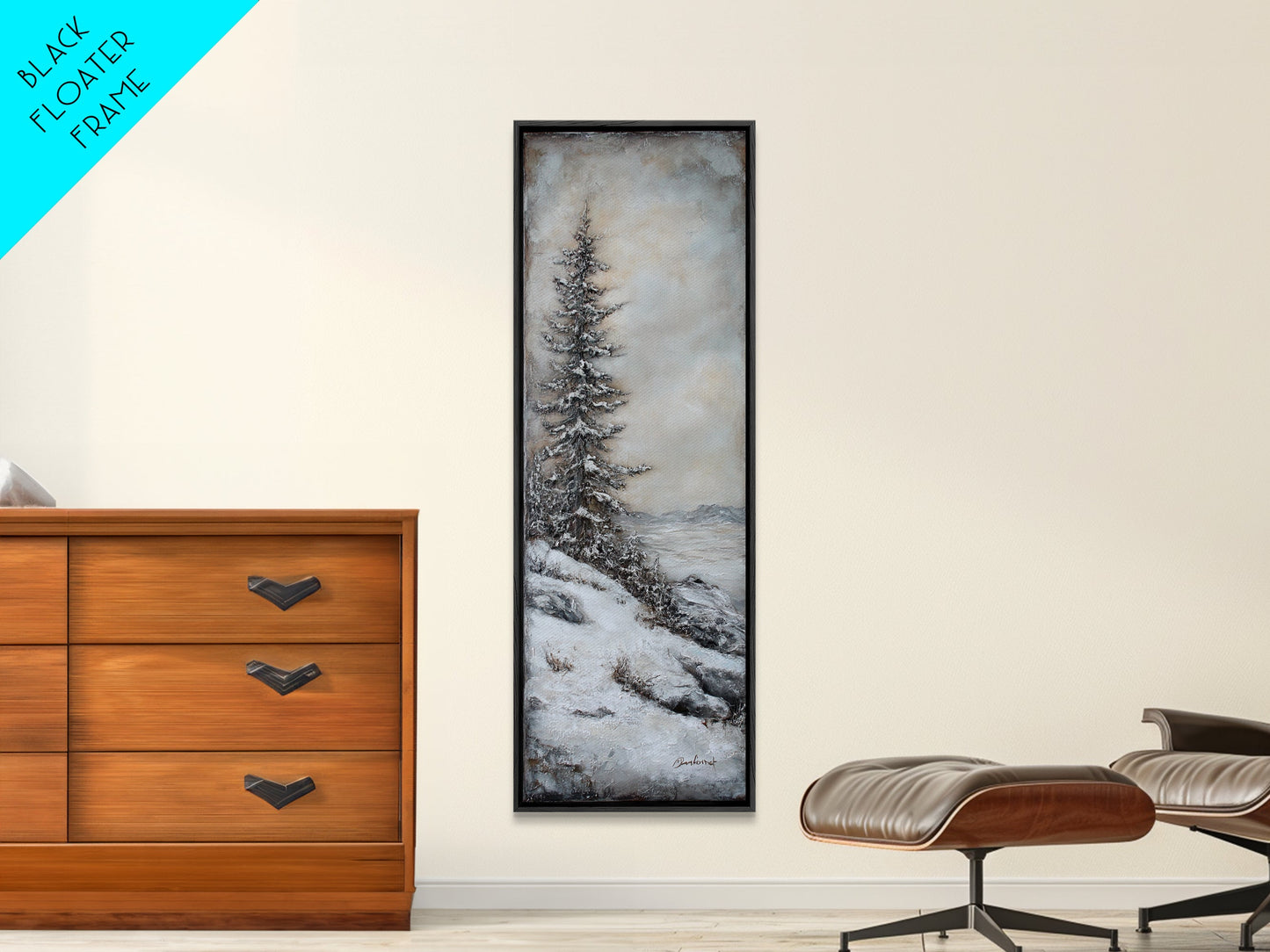 Framed Canvas Print Winter Pine Tree Art Rustic Landscape Wall Art Tall Narrow Art Cozy Cabin Decor Above Sofa Art