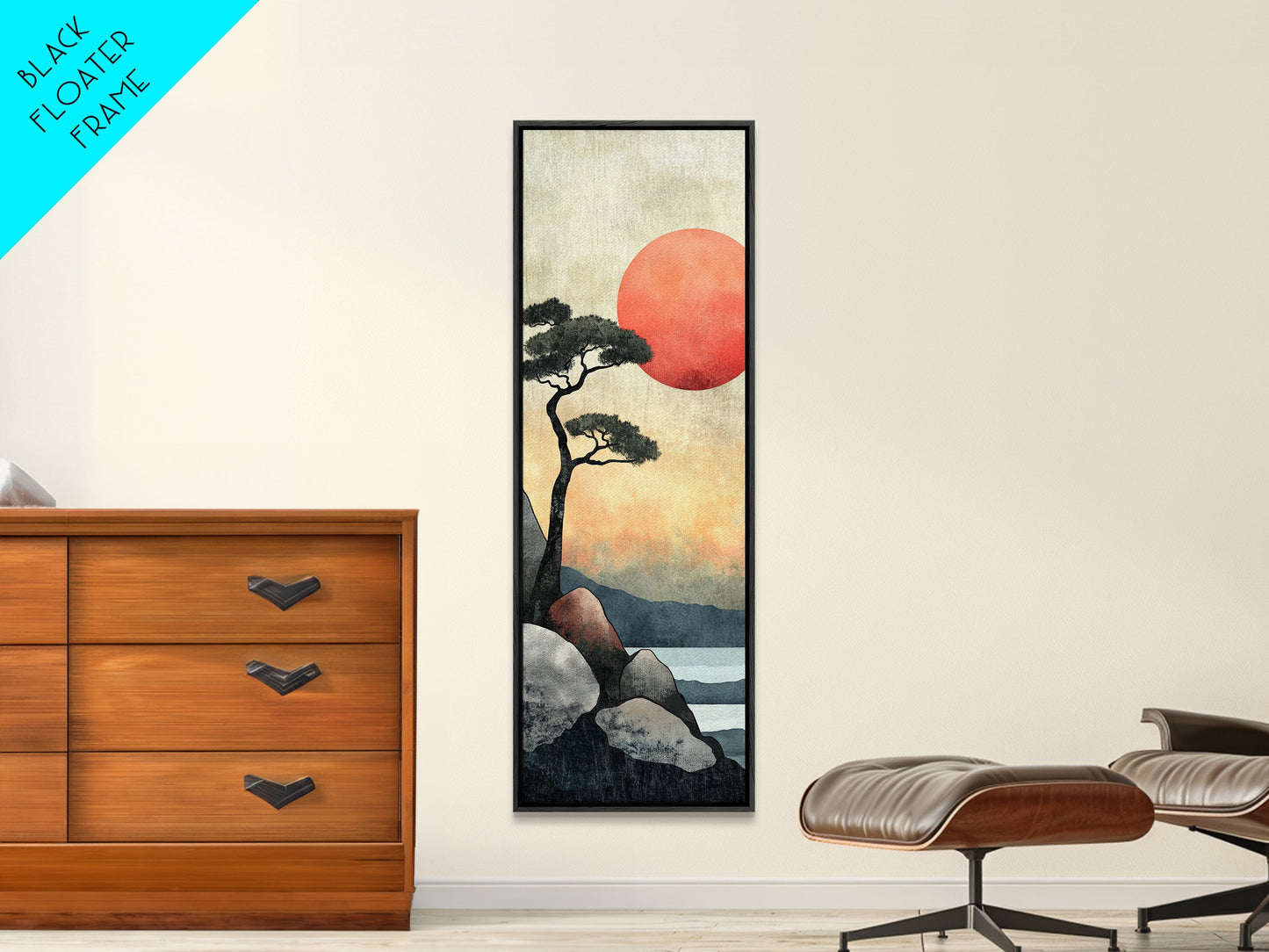 Japanese Landscape with Sunset Canvas Print, Red Sun Over Mountains, Minimalist Nature Art, Coastal Wall Art, Framed Canvas Print, Boho Decor