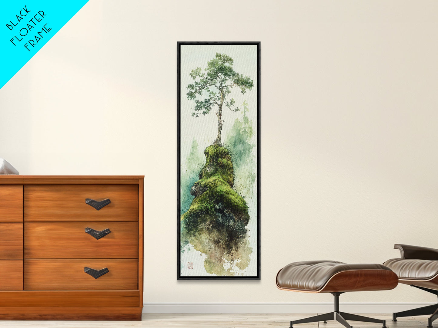 Framed Canvas Print Serene Tree Art Nature-Inspired Decor Wabi Sabi Art Botanical Print Calm Green Tones Above Couch Art Minimalist Decor