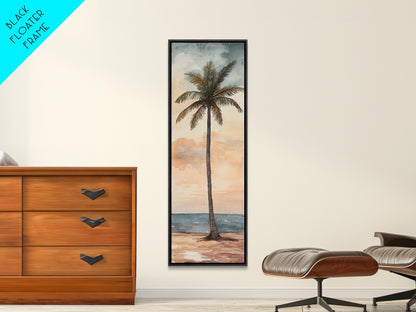 Framed Canvas Print Coastal Palm Tree Art, Sunset Beach Scene, Tropical Coastal Wall Art, Nautical Decor, Skinny Wall Art Gift Idea
