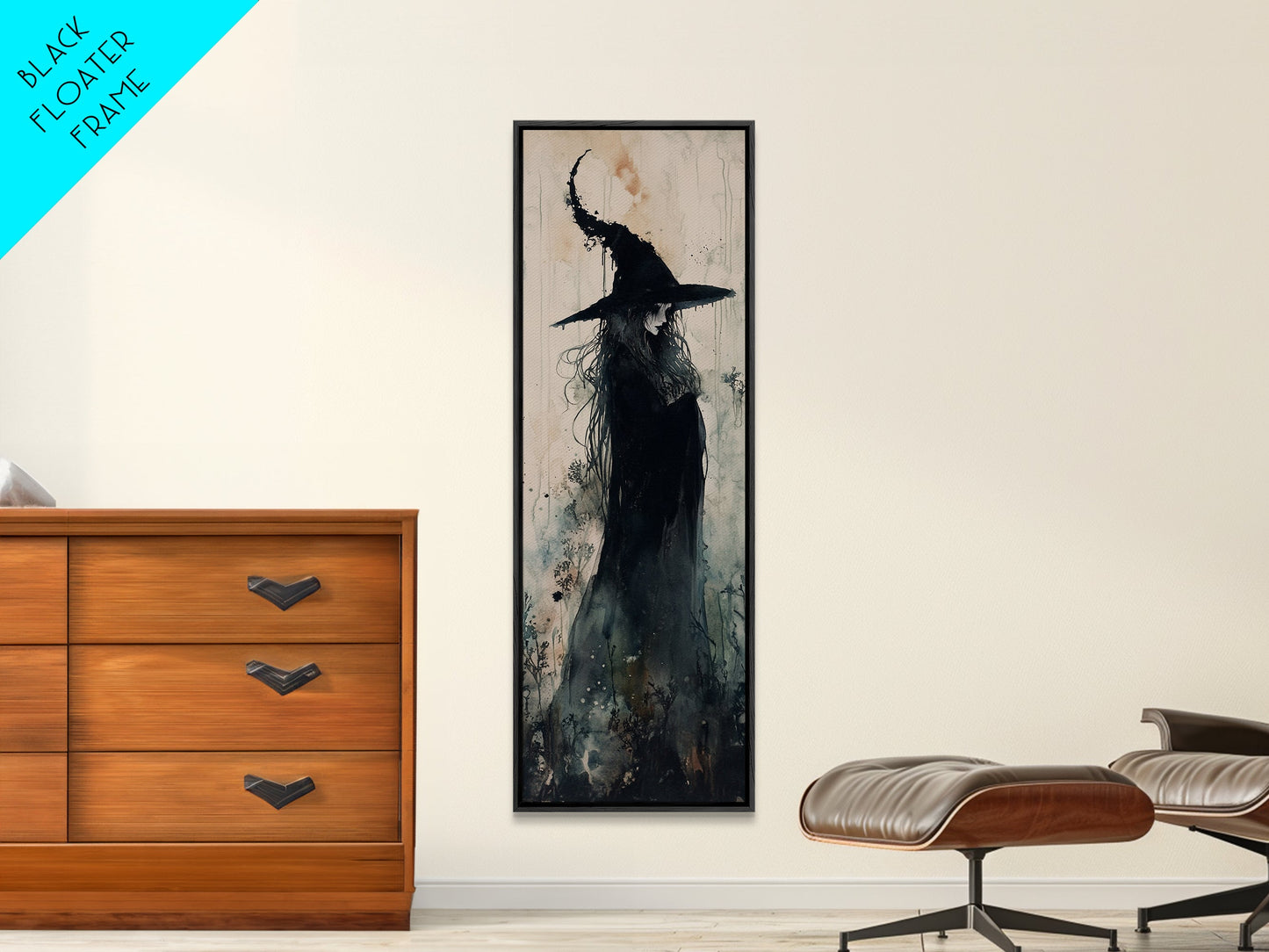 Mystical Witch in Black Forest Art - Framed Canvas Print for Halloween, Gothic Decor, Witch Art, Dark Home Decor, Long Wall Art