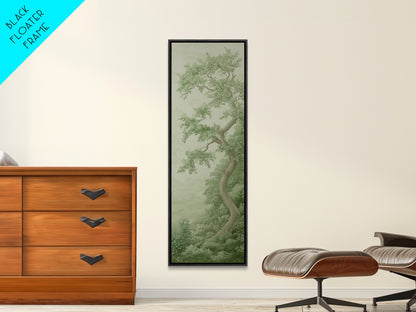 Misty Green Botanical Scene - Framed Canvas Print Showcasing Wabi Sabi Art Style with Tranquil Tree Landscape
