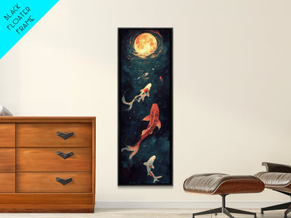 Koi Fish Under a Full Moon, Framed Canvas Print, Wabi Sabi Home Decor, Funky Boho Wall Art, Tall Skinny Art, Narrow Tall Wall Art