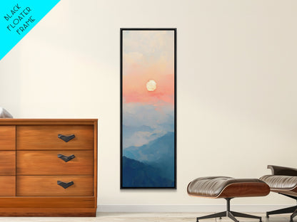 Wabi Sabi Sunset Oil Painting Print, Framed Canvas, Coastal Decor, Sunrise Over The Mountains, Boho Style Wall Art, Tall Narrow Wall Art
