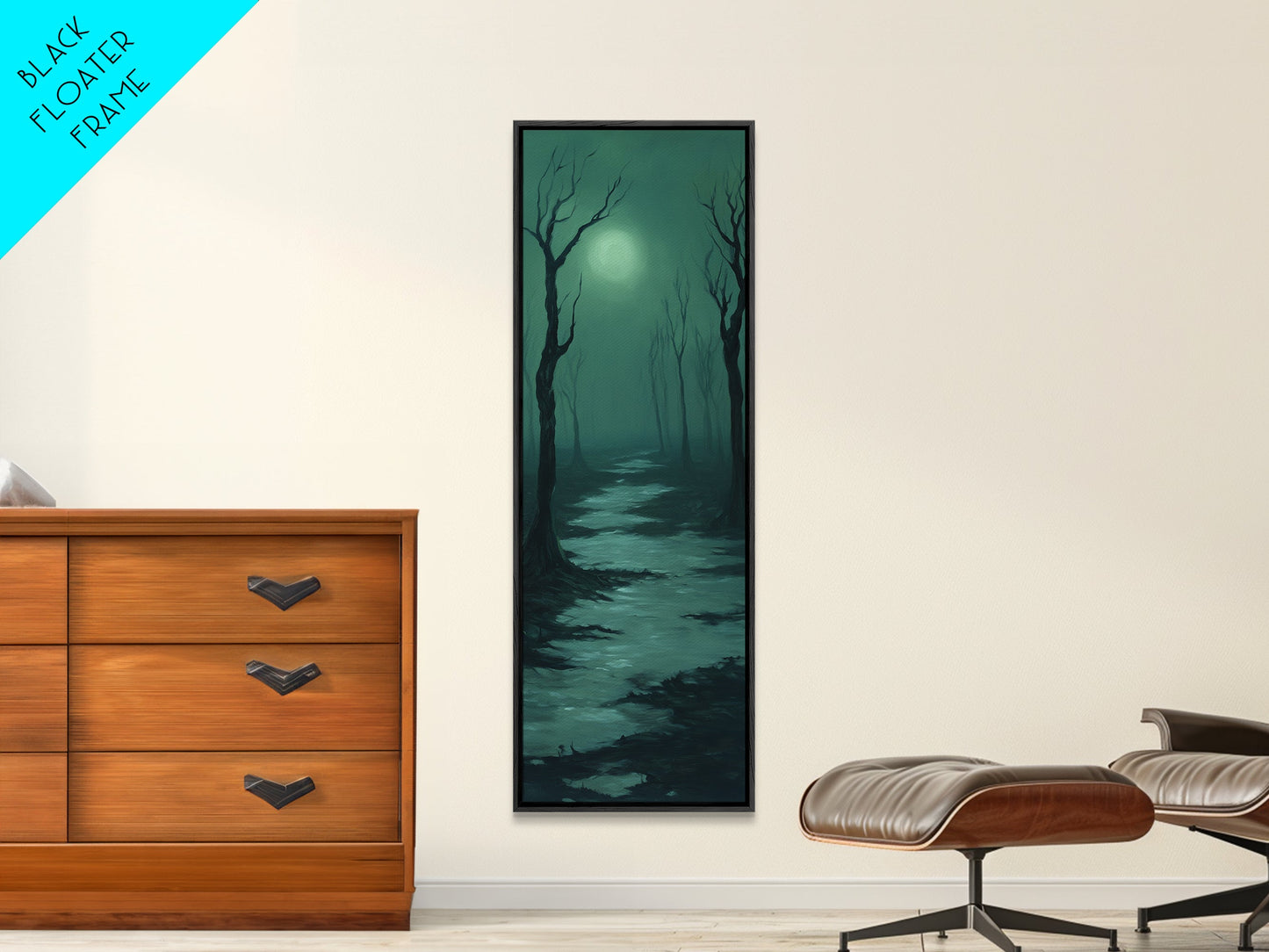 Framed Canvas Print of Forest at Dusk Painting in Teal, Moody Art, Dark Romance Painting, Above Bed Wall Art, Tall Narrow Art, Unique Gift Idea