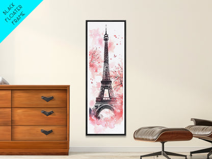 Eiffel Tower Wall Art Framed Canvas Print, Cherry Blossom Painting Vertical Paris Decor, Pink Dorm Art, French Travel-Inspired Gift