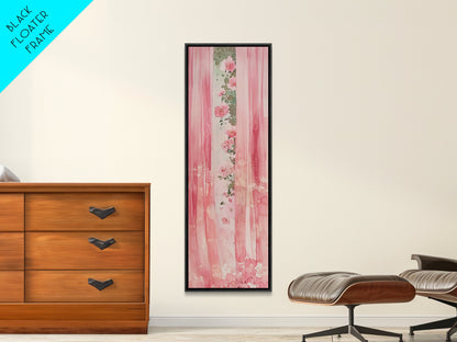 Pink Floral Curtains Framed Canvas Print Whimsical Art Light Pink Wall Art Vertical Wall Art Minimalist Art Rustic Decor Gift