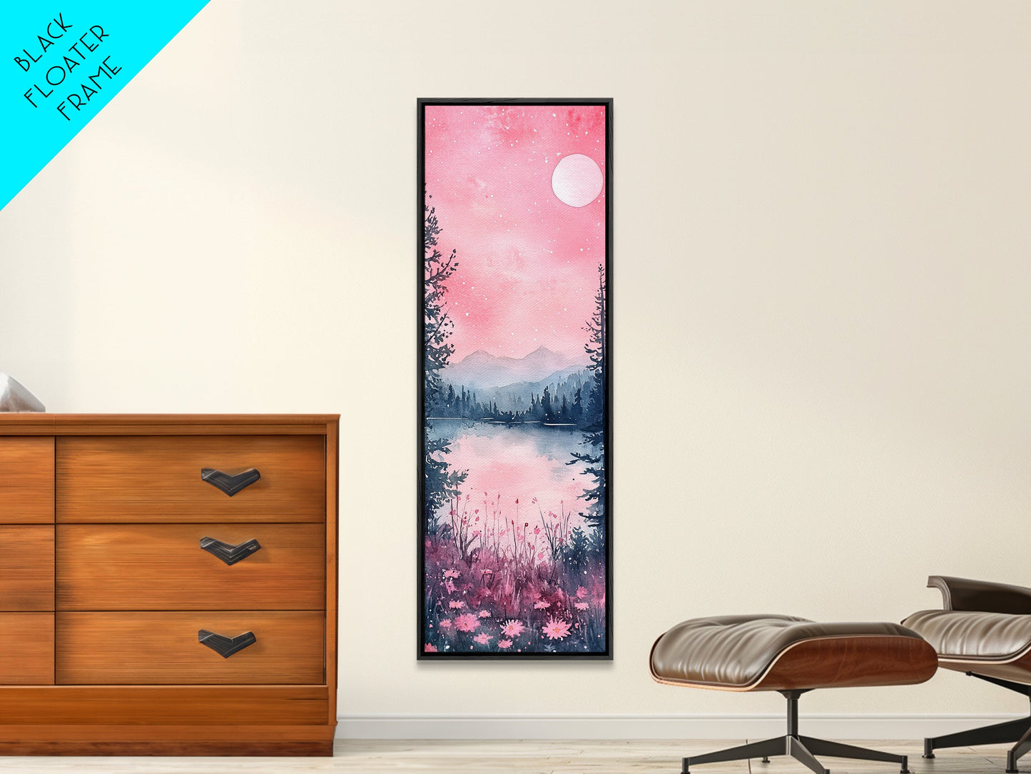 Moonlit Pink Forest Canvas Print, Moody Mountain Landscape Painting, Wildflower Rustic Vertical Wall Art, Cozy Living Room Decor