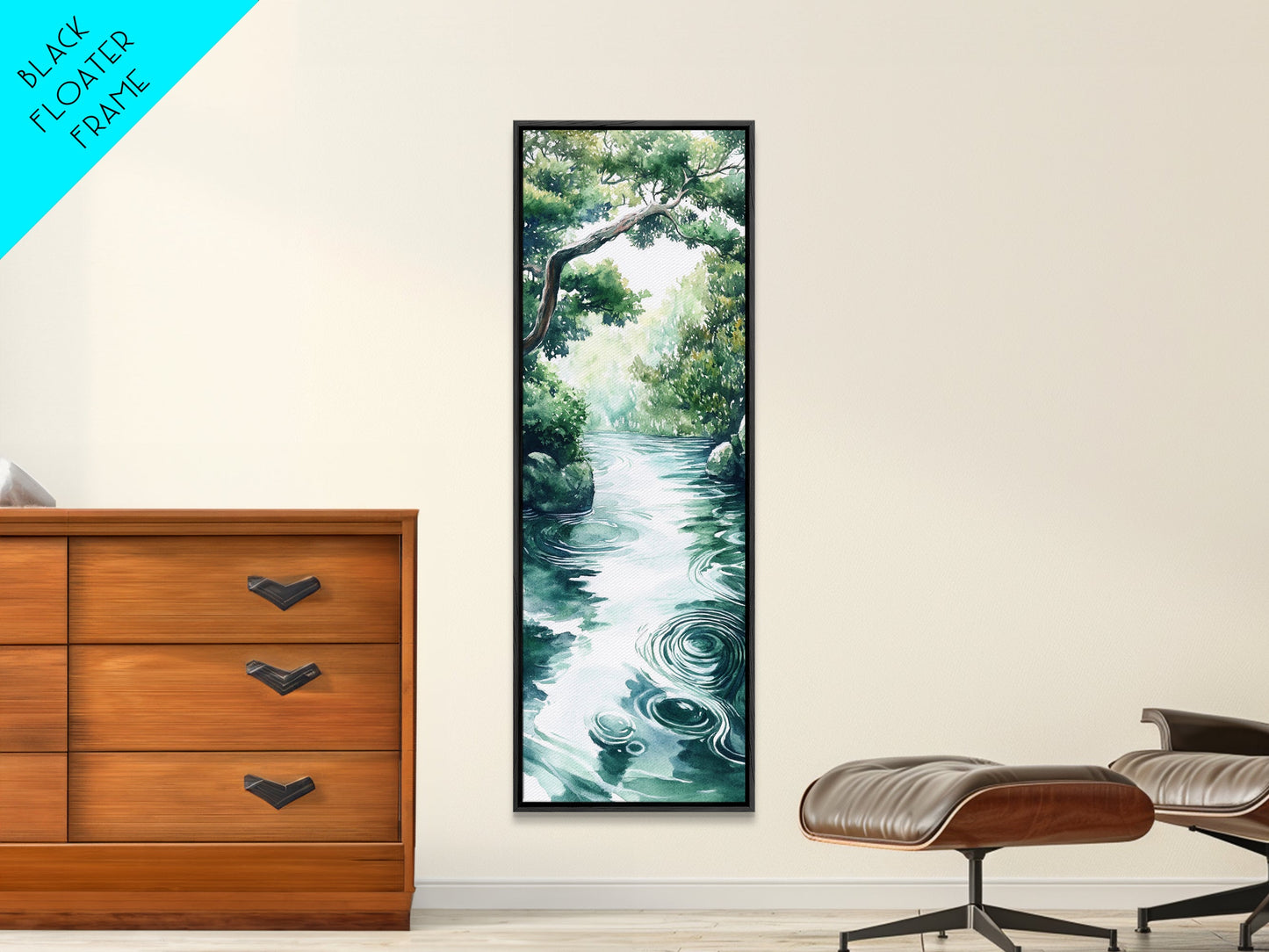 Serene Forest Stream Framed Canvas Print Coastal Landscape Art Green Wall Art Rustic Decor Vertical Art Guest Room Wall Decor